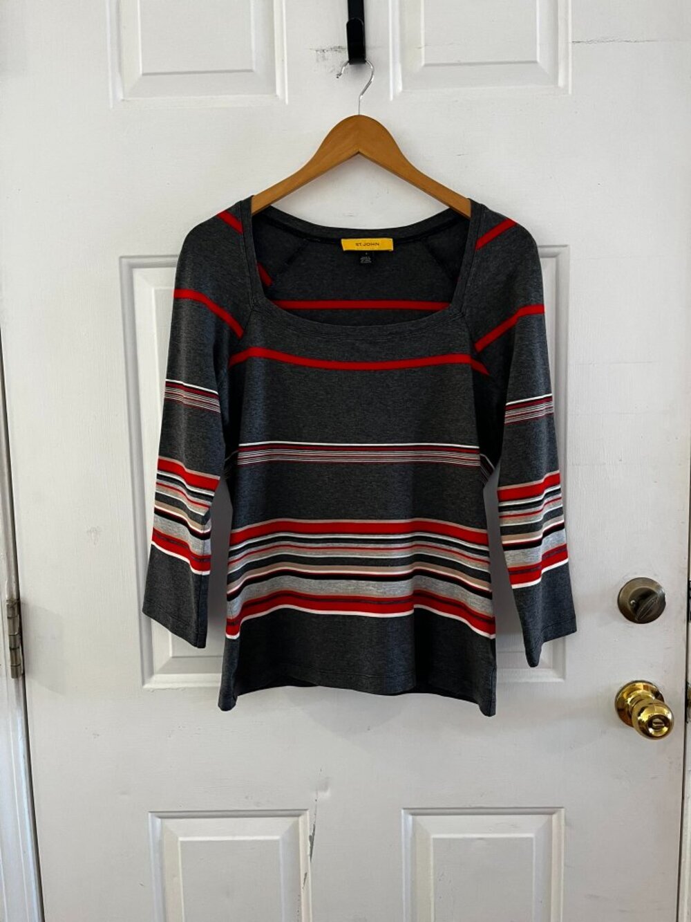 St John Woman's Square Neck Grey Striped Minimalist Blouse Sz sm
